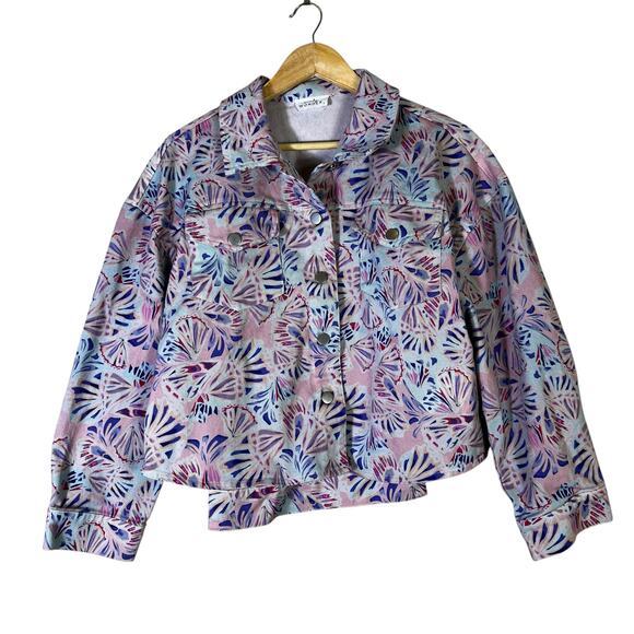 Emily Wonder Abstract Denim Jacket Womens L Pastel Pink Eclectic Whimsy Quirky - Picture 2 of 6